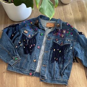 Beaded Fringe Denim Jacket with Multicolor Embellishments